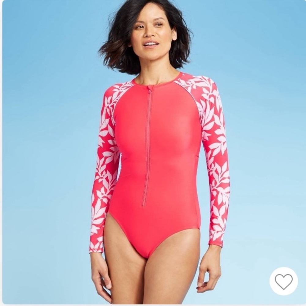 All in Motion Large Coral Red Floral Long Sleeve One Piece Rash Guard Swimsuit - Picture 5 of 11